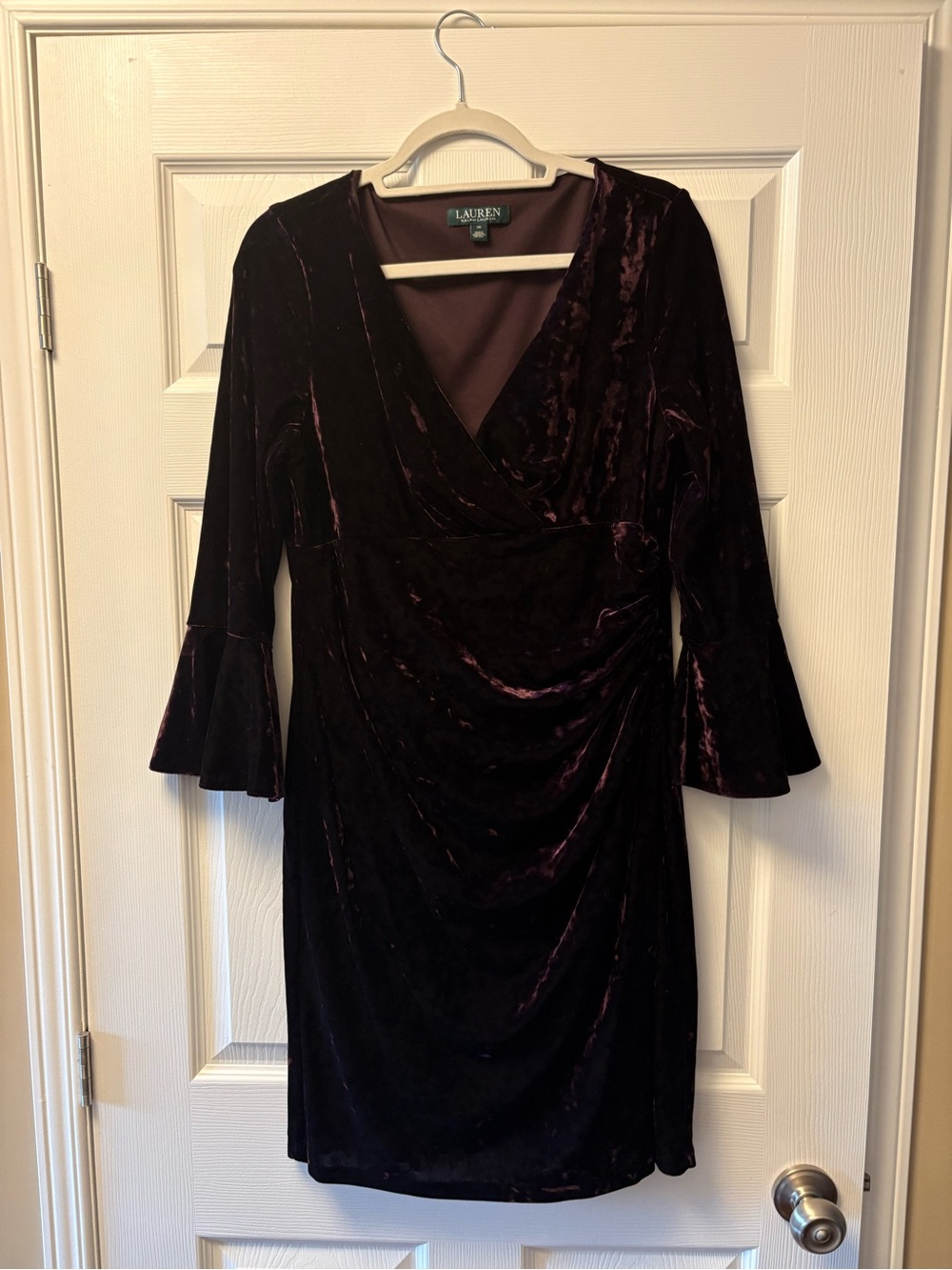 Ralph Lauren Velvet Long Sleeve Wrap Dress in Deep Plum